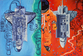 Oil painting of astronauts and space shuttles.